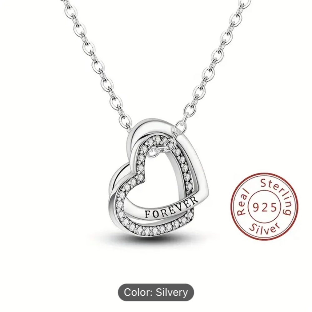 925 Sterling Silver Cross‎ Double Heart Forever Love Necklace Hypoallergenic
